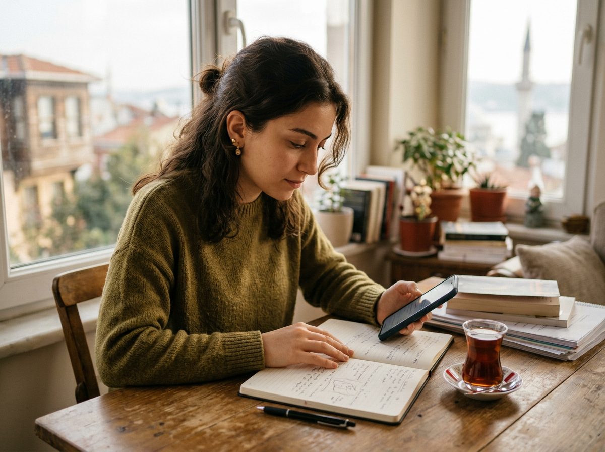 Pencere kenarında telefon ve defterle çalışan bir öğrenci